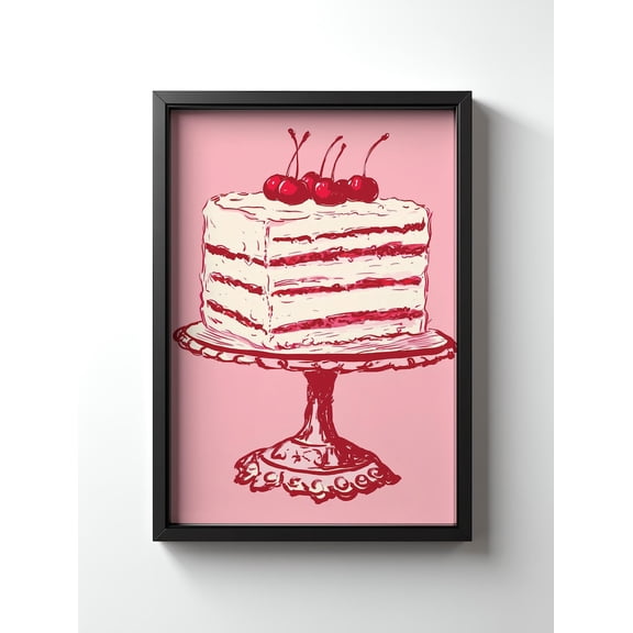 Vintage Cherry Cake Art Print Pink Retro Kitchen Wall Decor 16x24 UNFRAMED