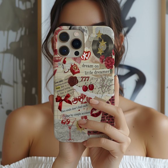 Vintage Cherry Coquette Collage Tough Phone Case, Dual-Layer Protective Cover for iPhone