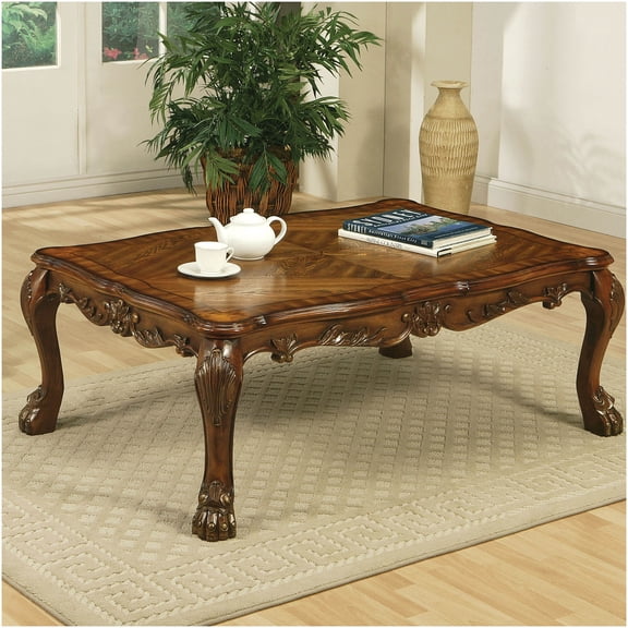 Vintage Cherry Oak Coffee Table with Claw Feet, Classic Solid Wood Cocktail Table for Living Room, Floral Motif Accents