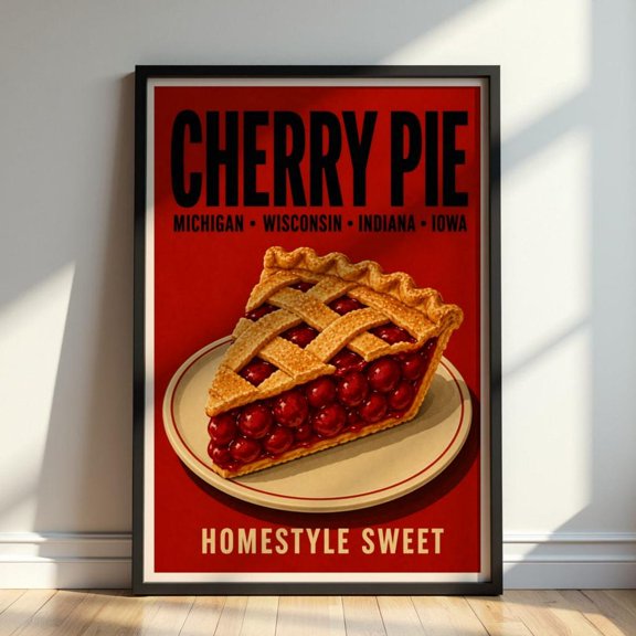 Vintage Cherry Pie Retro Dessert Kitchen Wall Art Homestyle Bakery Food Print, Unframed Paper Print