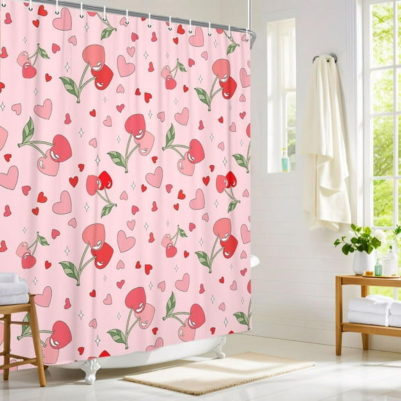 Vintage Cherry Shower Curtain Pink Retro Groovy Funky Chic Retro 72s Bathroom Accessories Valentines Romantic Love Heart Cute Bath Curtain Hippie Modern Artistic Bathroom Decor Set 72X72IN