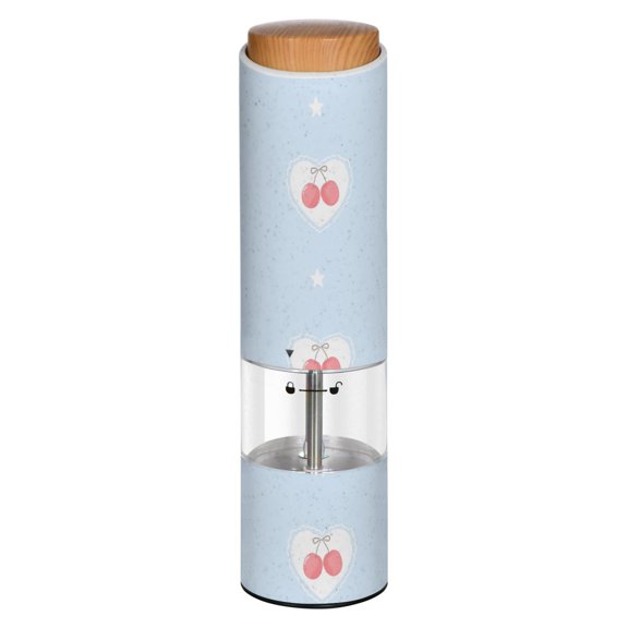 Vintage Cherry Star Pattern Printed Electric Pepper Mill One-Touch Battery Operated Salt Grinder Adjustable Coarseness Decorative Counter Spice Tool