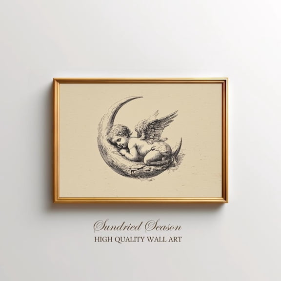 Vintage Cherub on Crescent Moon Sleeping Angel Celestial Nursery, Stretched Canvas 8x10in