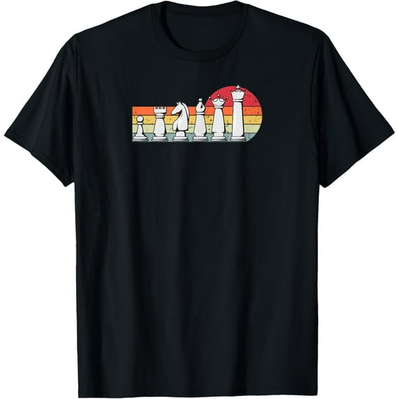 Vintage Chess Player Retro Sunset Design Chess Pieces T-Shirt men and women can wear, black, white, gifts