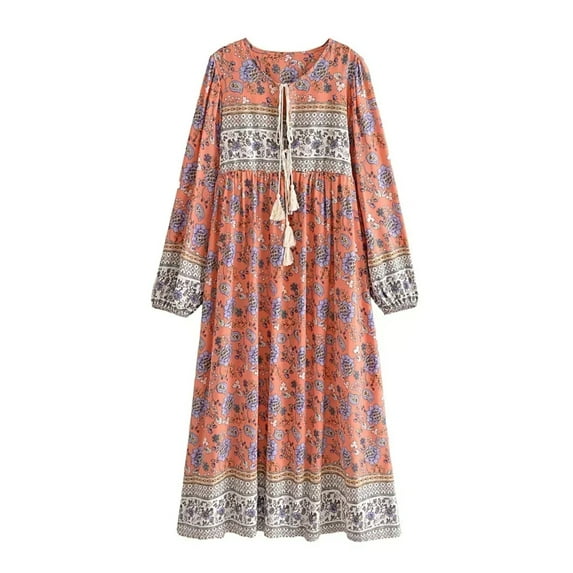 Vintage Chic Fashion Bohemian Women Floral Print Flare Sleeve Maxi Dresses Ladies Ruffles Holiday Boho Dress Vestidos Robe