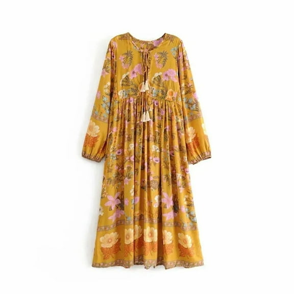 Vintage Chic Fashion Bohemian Women Floral Print Flare Sleeve Maxi Dresses Ladies Ruffles Holiday Boho Dress Vestidos Robe