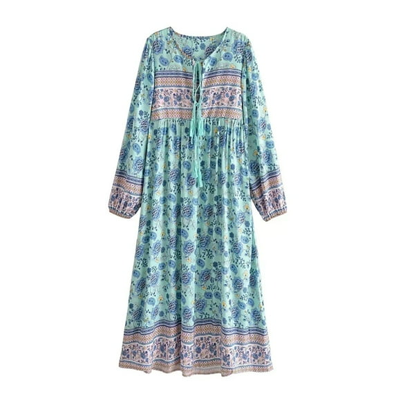 Vintage Chic Fashion Bohemian Women Floral Print Flare Sleeve Maxi Dresses Ladies Ruffles Holiday Boho Dress Vestidos Robe