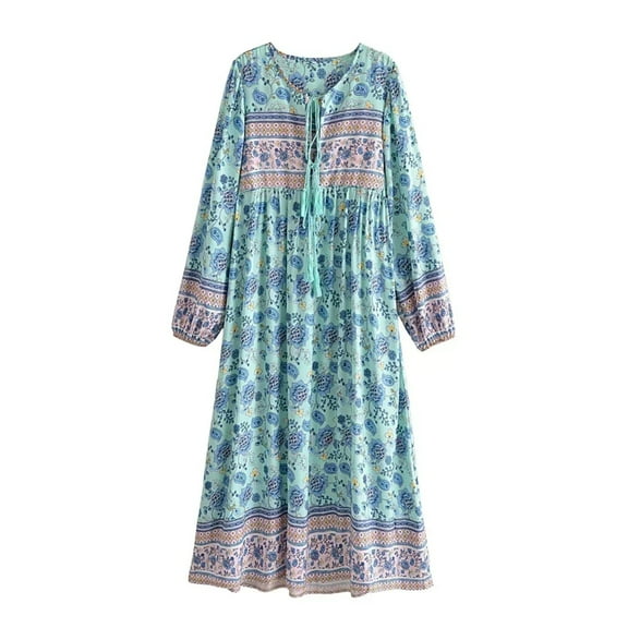 Vintage Chic Fashion Bohemian Women Floral Print Flare Sleeve Maxi Dresses Ladies Ruffles Holiday Boho Dress Vestidos Robe