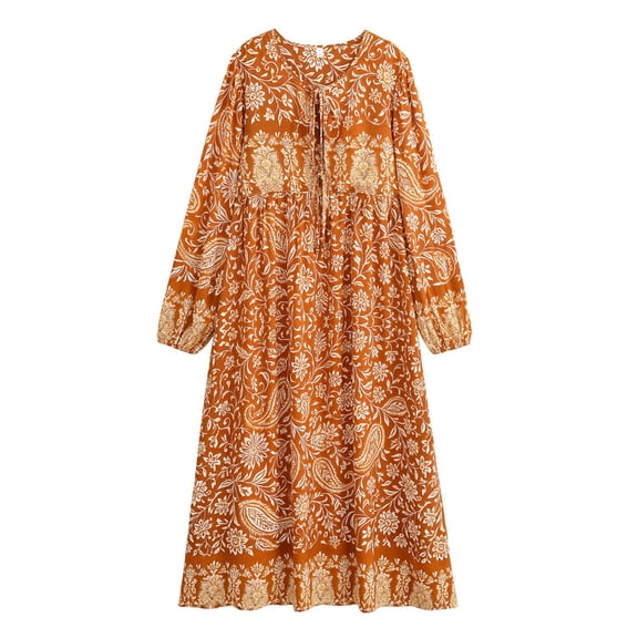 Vintage Chic Fashion Women Lace-up Tassel Ethnic Brown Floral Print Vocation Beach Bohemian Maxi Dress Boho Dress