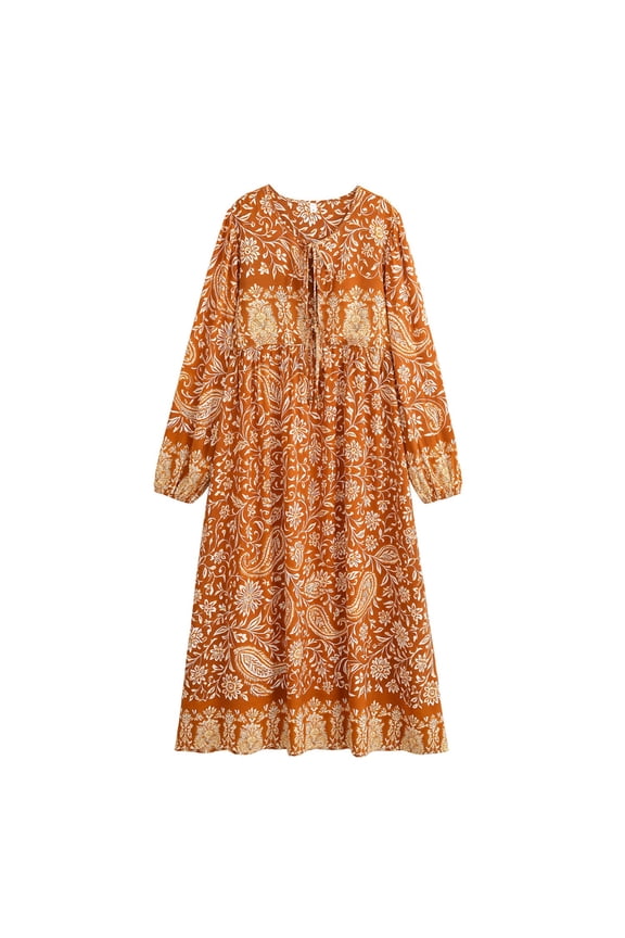 Vintage Chic Fashion Women Lace-up Tassel Ethnic Brown Floral Print Vocation Beach Bohemian Maxi Dress Boho Dress