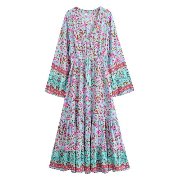 Vintage Chic Fashion Women Single Breasted Tassel Ethnic Brown Floral Print Vocation Beach Bohemian Maxi Dress Boho Dress