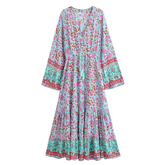 Vintage Chic Fashion Women Single Breasted Tassel Ethnic Brown Floral Print Vocation Beach Bohemian Maxi Dress Boho Dress