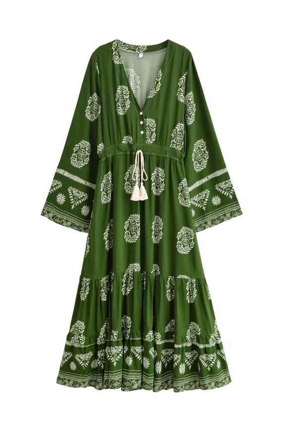 Vintage Chic Fashion Women Single Breasted Tassel Ethnic Brown Floral Print Vocation Beach Bohemian Maxi Dress Boho Dress