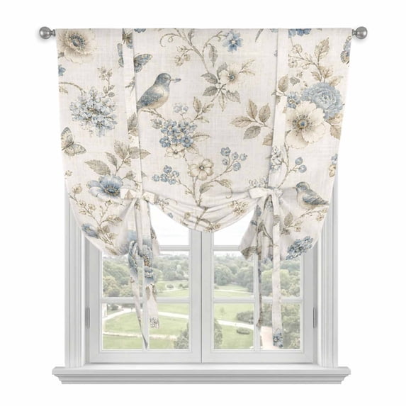 Vintage Chic Floral Tie Up Curtains for Windows, Adjustable Balloon Window Shades, Farmhouse Flowers Birds Botanical Kitchen Window Treatments Farmhouse Short Curtains with Rod Pocket 42"x45"