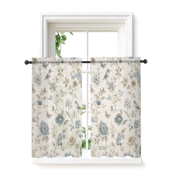 Vintage Chic Floral Tier Curtains 45 Inch Length,Sheer Curtains for Bedroom Living Room Window Farmhouse Flowers Birds Botanical Short Kitchen Curtains Drapes for Small Half Window 27.5"x45" 2 Panels