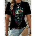 thumbnail image 1 of Vintage Chic Skull & Floral Print Crew Neck Short Sleeve T-Shirt Women's Clothing, Crew Neck Tee 100% Cotton, 1 of 9