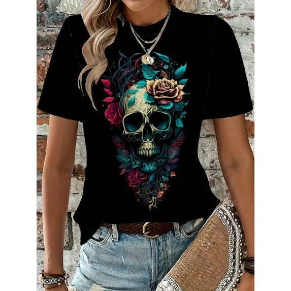 Vintage Chic Skull & Floral Print Crew Neck Short Sleeve T-Shirt Women's Clothing, Crew Neck Tee 100% Cotton