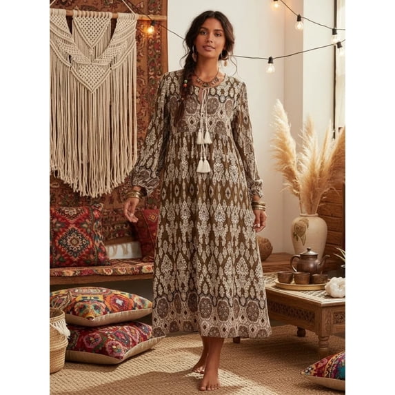 Vintage Chic Spring Women Lantern Sleeve Neck Tie Wild Floral Beach Bohemian Maxi Dress Ladies Rayon Holiday Boho Dress Robe