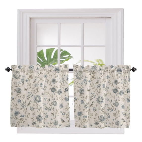 Vintage Chic Tulips 2 Panel Kitchen Curtains for Small Windows, Farmhouse Blue Floral Beige Bathroom Tier Curtain, Short Window Treatment for Bedroom/Living Room 55"x36"