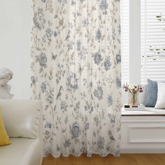 Vintage Chic Tulips Sheer Curtains 96 Inch Length, Light Filtering Voile Curtain Panel, Farmhouse Blue Floral Beige Rod Pocket Drapes Window Treatments for Living Room Bedroom 52"x96"