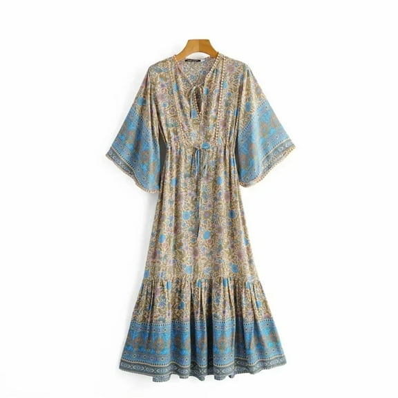 Vintage Chic Women Floral Print Batwing Sleeve Beach Bohemian Maxi Dresses Robe Ladies V-neck Summer Boho Dress Vestidos