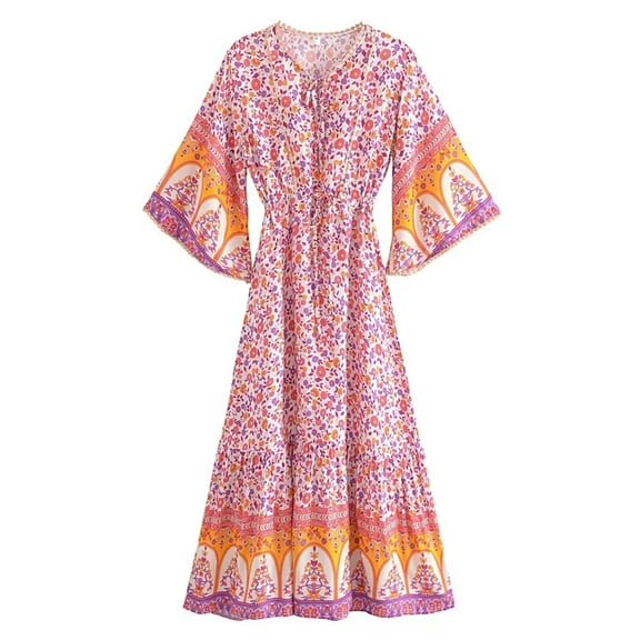 Vintage Chic Women Floral Print Batwing Sleeve Beach Bohemian Maxi Dresses Robe Ladies V-neck Summer Boho Dress Vestidos