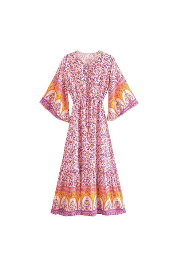 Vintage Chic Women Floral Print Batwing Sleeve Beach Bohemian Maxi Dresses Robe Ladies V-neck Summer Boho Dress Vestidos