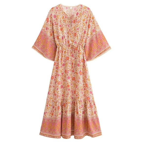 Vintage Chic Women Floral Print Batwing Sleeve Beach Bohemian Maxi Dresses Robe Ladies V-neck Summer Boho Dress Vestidos