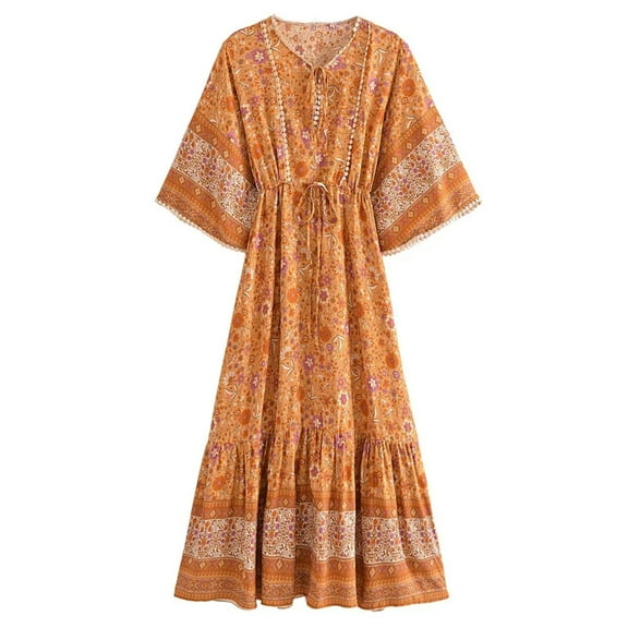 Vintage Chic Women Floral Print Batwing Sleeve Beach Bohemian Maxi Dresses Robe Ladies V-neck Summer Boho Dress Vestidos
