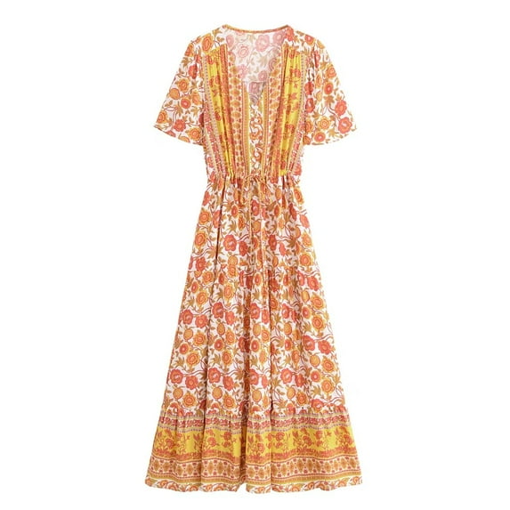 Vintage Chic Women Floral Print Button V-neck Beach Bohemian Maxi Dresses Ladies Rayon Cotton Pleated Vacation Boho Dress
