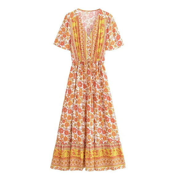 Vintage Chic Women Floral Print Button V-neck Beach Bohemian Maxi Dresses Ladies Rayon Cotton Pleated Vacation Boho Dress
