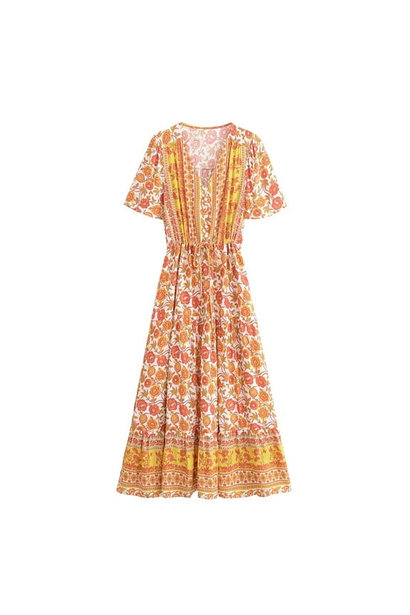 Vintage Chic Women Floral Print Button V-neck Beach Bohemian Maxi Dresses Ladies Rayon Cotton Pleated Vacation Boho Dress