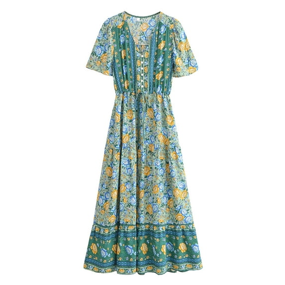 Vintage Chic Women Floral Print Button V-neck Beach Bohemian Maxi Dresses Ladies Rayon Cotton Pleated Vacation Boho Dress