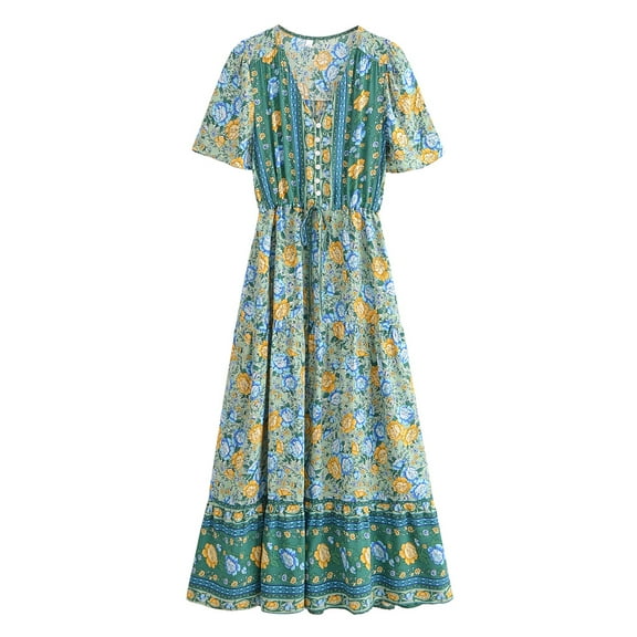 Vintage Chic Women Floral Print Button V-neck Beach Bohemian Maxi Dresses Ladies Rayon Cotton Pleated Vacation Boho Dress