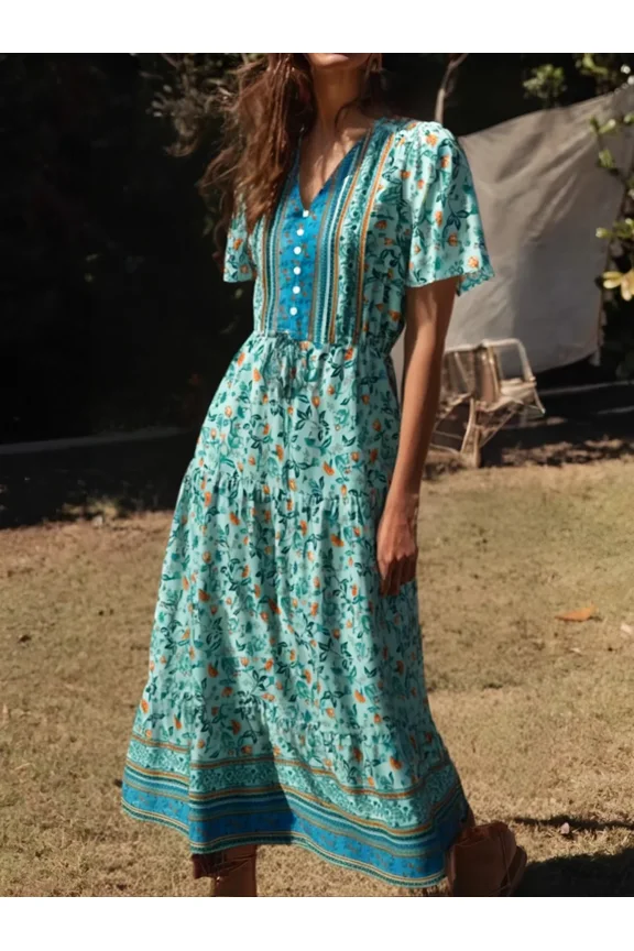 Vintage Chic Women Green  Floral Print Ruffles Sleeve Bohemian Maxi Dresses Ladies Rayon Summer A-line Beach Boho Dress Vestidos