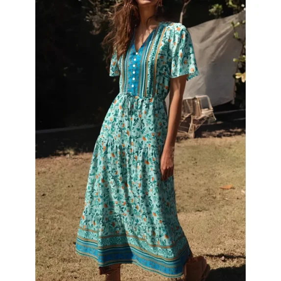 Vintage Chic Women Green Floral Print Ruffles Sleeve Bohemian Maxi Dresses Ladies Rayon Summer A-line Beach Boho Dress Vestidos