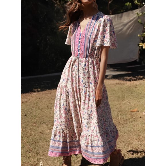 Vintage Chic Women Green  Floral Print Ruffles Sleeve Bohemian Maxi Dresses Ladies Rayon Summer A-line Beach Boho Dress Vestidos