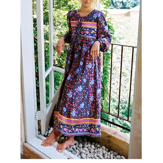 Vintage Chic Women Lace-up Tassel Ethnic Red Floral Print Vocation Beach Bohemian Maxi Dress Boho Dress Robe Kaftan