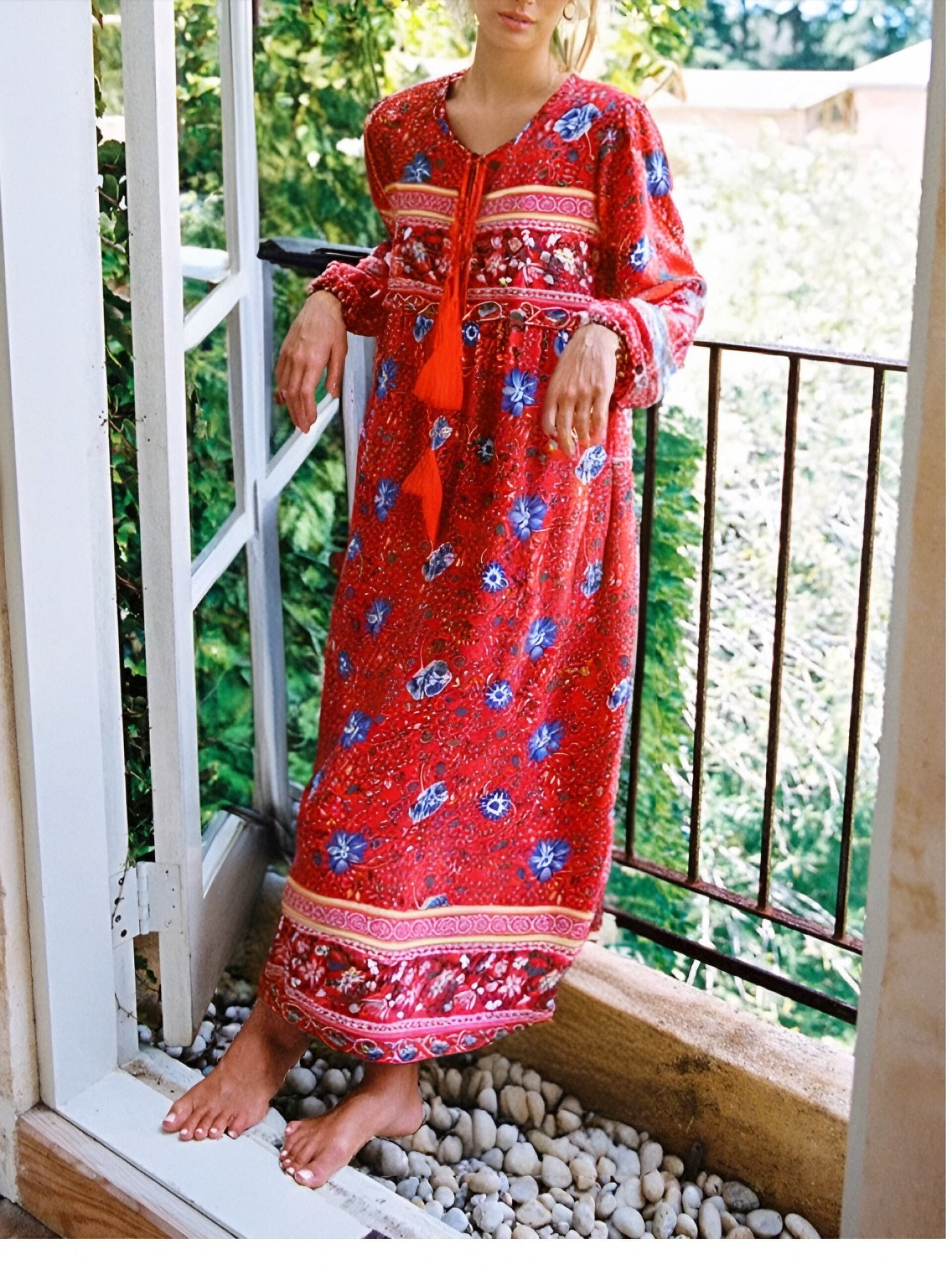 Vintage Chic Women Lace-up Tassel Ethnic Red Floral Print Vocation Beach Bohemian  Maxi Dress Boho Dress Robe Kaftan - Walmart.com