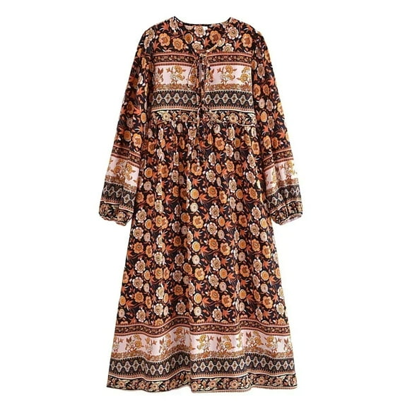 Vintage Chic Women Lace-up Tassel Ethnic Wild Floral Print Vocation Beach Bohemian Maxi Dress Boho Dress Robe Kaftan