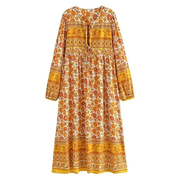 Vintage Chic Women Lace-up Tassel Ethnic Wild Floral Print Vocation Beach Bohemian Maxi Dress Boho Dress Robe Kaftan