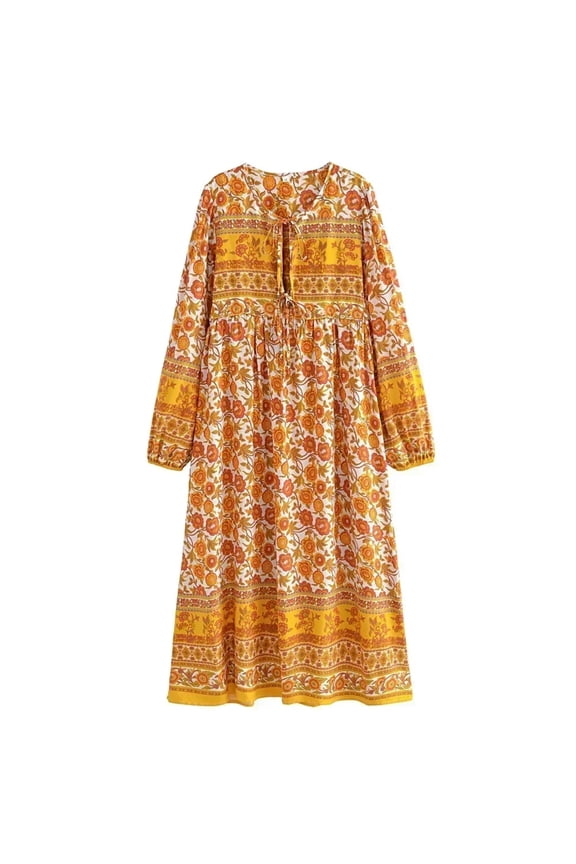 Vintage Chic Women Lace-up Tassel Ethnic Wild Floral Print Vocation Beach Bohemian Maxi Dress Boho Dress Robe Kaftan