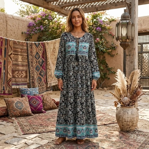 Vintage Chic Women Long Sleeve Neck Tie Ethnic Wild Flower Beach Bohemian Maxi Dress Ladies Rayon Cotton Boho Dresses