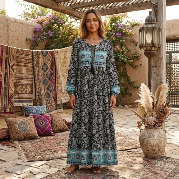 Vintage Chic Women Long Sleeve Neck Tie Ethnic Wild Flower Beach Bohemian Maxi Dress Ladies Rayon Cotton Boho Dresses