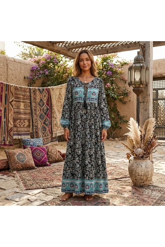 Vintage Chic Women Long Sleeve Neck Tie Ethnic Wild Flower Beach Bohemian Maxi Dress Ladies Rayon Cotton Boho Dresses