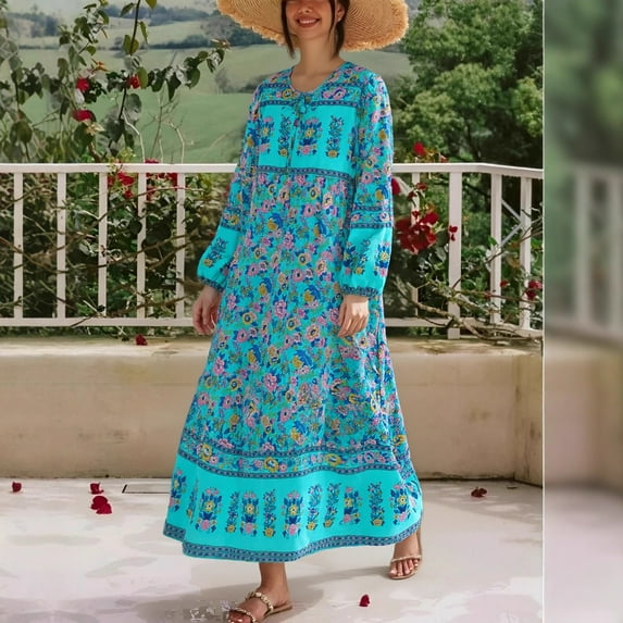 Vintage Chic Women Long Sleeve Neck Tie Peacock Green Floral Beach Bohemian Maxi Dress Ladies Rayon Cotton Holiday Boho Dresses