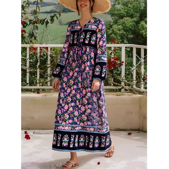 Vintage Chic Women Long Sleeve Neck Tie Peacock Green Floral Beach Bohemian Maxi Dress Ladies Rayon Cotton Holiday Boho Dresses
