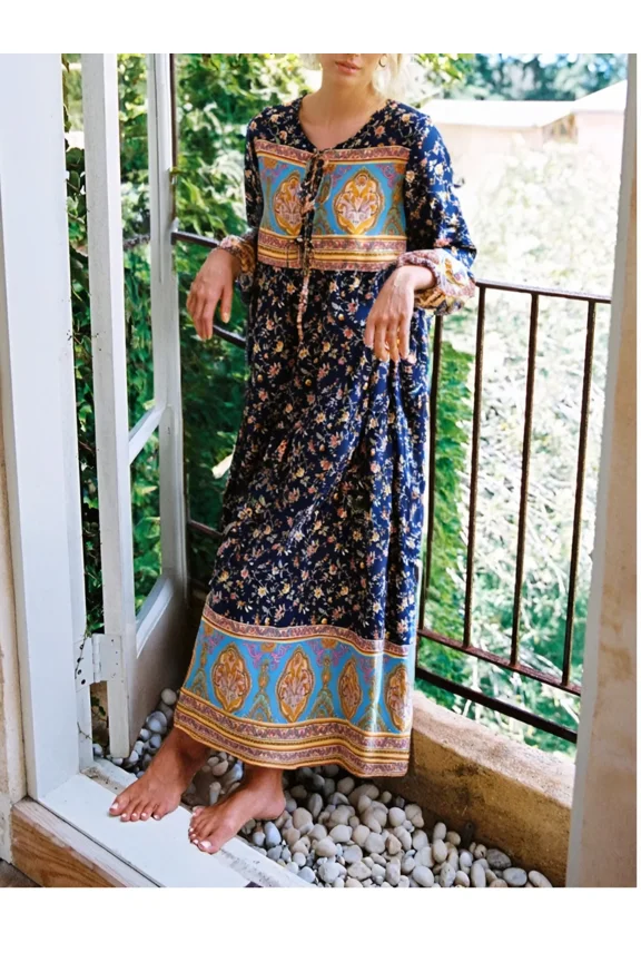 Vintage Chic Women Long Sleeve Tie Neck Ethnic Floral Print Beach Bohemian Maxi Dress Loose Kaftan Lady Rayon Boho Dresses Robe