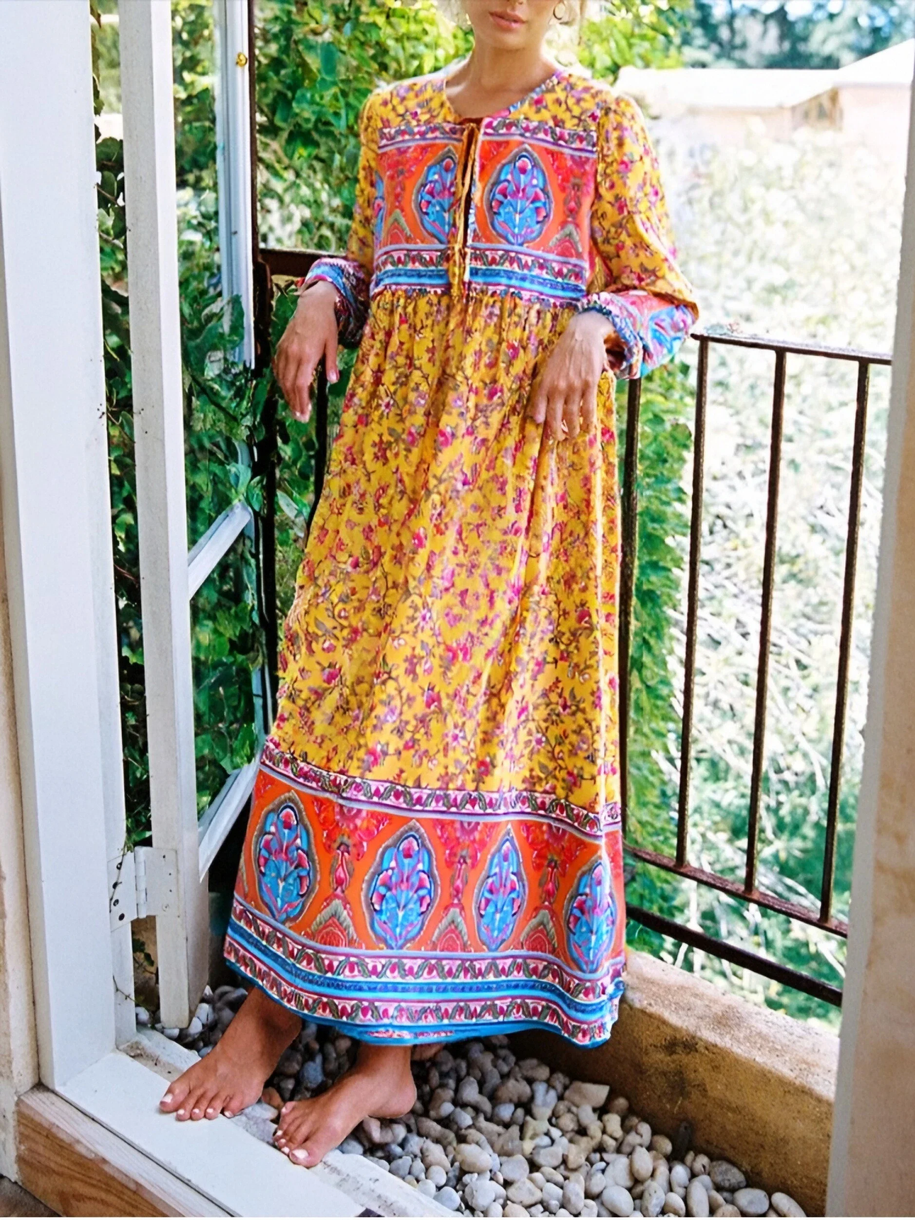 ethnic boho dresses Boho Queens Vintage Chic Women Long Sleeve Tie Neck Ethnic Floral Print Beach Bohemian Maxi Dress Loose Kaftan Lady Rayon Boho Dresses Robe, Women's,
