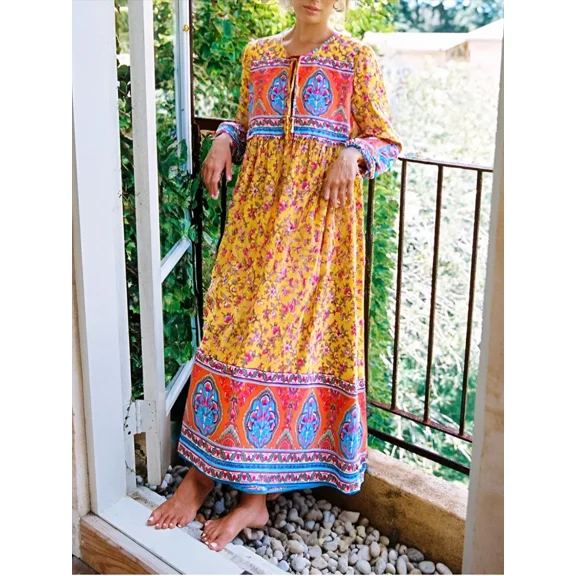 Vintage Chic Women Long Sleeve Tie Neck Ethnic Floral Print Beach Bohemian Maxi Dress Loose Kaftan Lady Rayon Boho Dresses Robe